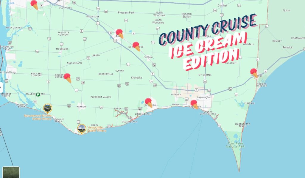 A map of Essex County, Ontario with ice cream cones on it to indicate where you can purchase ice cream and other refreshments. 