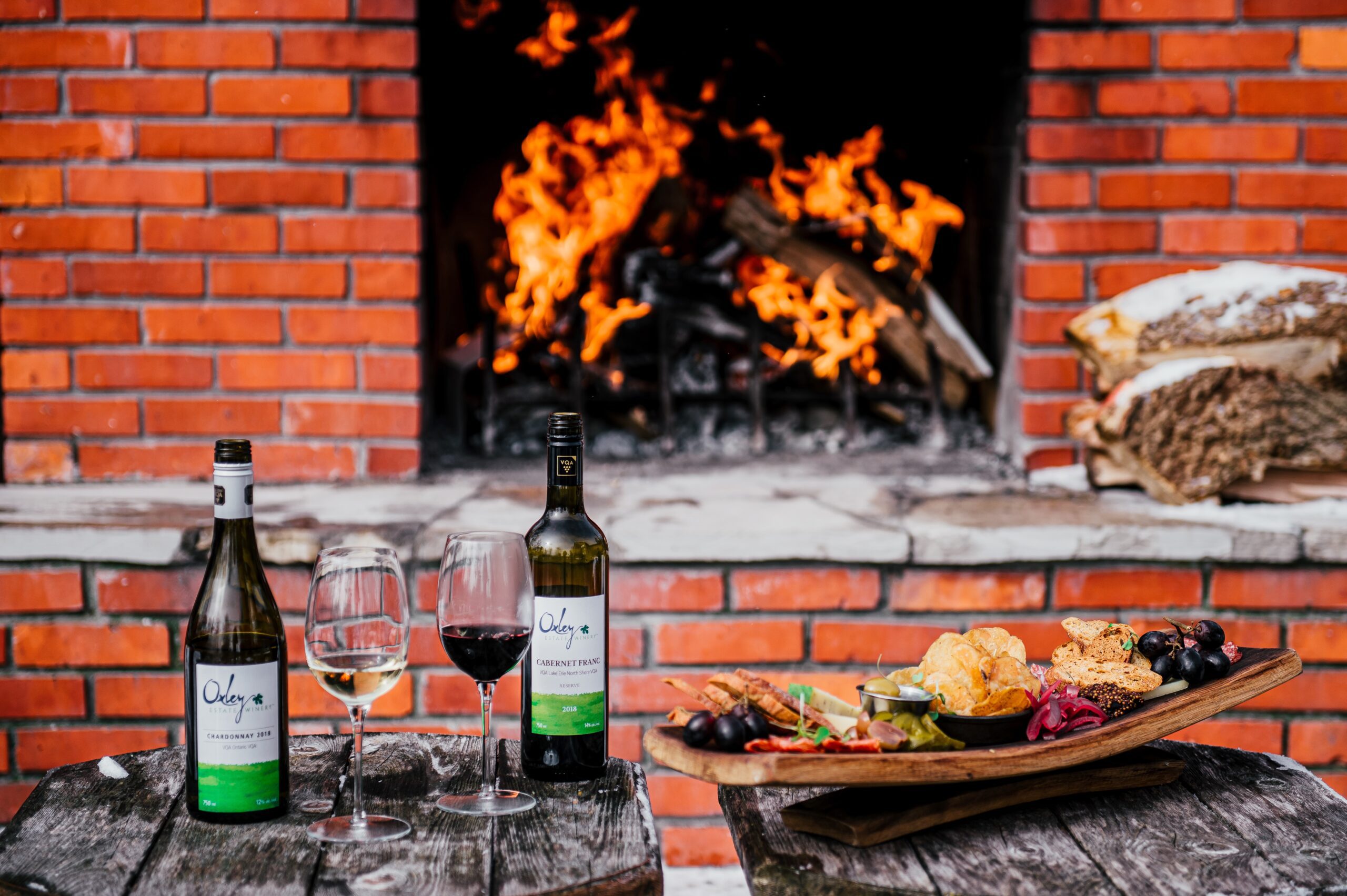 Wine and charcuterie fireside at Oxley Estate Winery