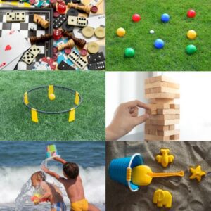 Board games and yard games that one might want to pack for a stay at a Dream BNB Hospitality vacation home rental; dominos, cards, chess, bocce, spike ball, jenga, beach bucket and sand molds.