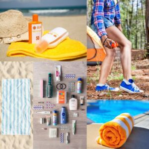 Essential personal items to pack for a vacation at a Dream BNB Hospitality vacation home rental; sunscreen, beach towels, bug spray, first-aid and hygiene items.