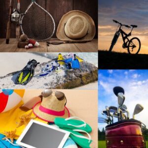 Images of recreational gear that one might want to pack for their stay at a luxury waterfront cottage on Lake Erie; fishing gear, a wide-brimmed hat, a bicycle, snorkel gear, sunglasses, a beach ball, sunglasses, flip flops, tablet, beach towel, and golf clubs.