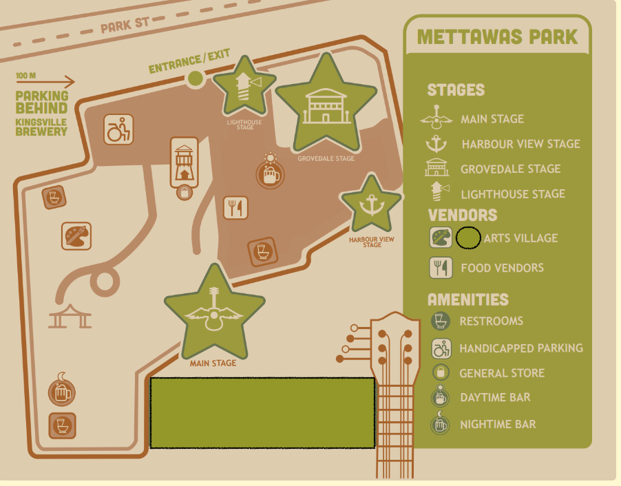 Map of the Kingsville Music Festival live music stages and vendor grounds for 2024.