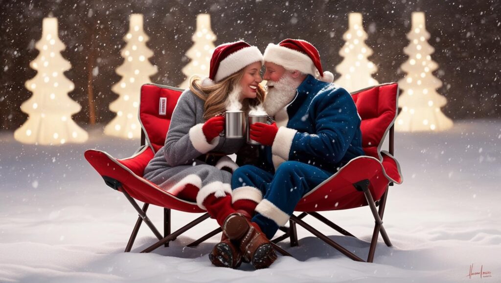 Santa and Mrs. Claus having a romantic picnic drinking Mrs. Claus' Signature Hot Chocolate.